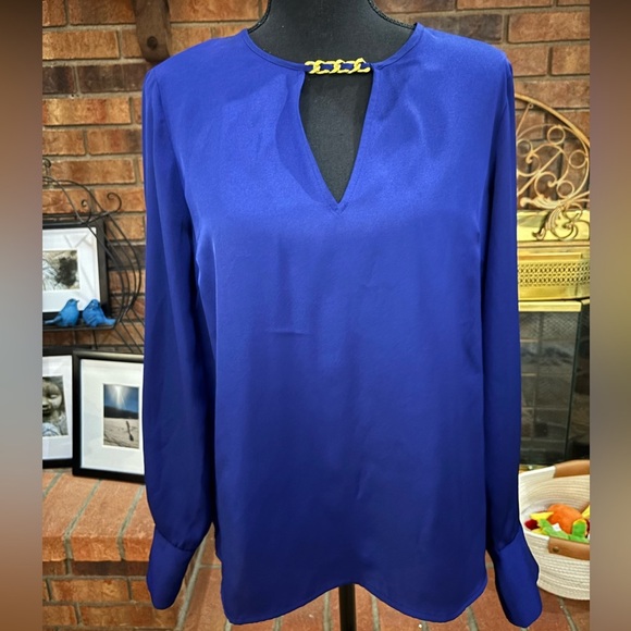 INC SILKY ROYAL BLUE LONG SLEEVE KEYHOLE GOLD CHAIN NECKLINE DRESSY BLOUSE SZ M - Picture 10 of 10